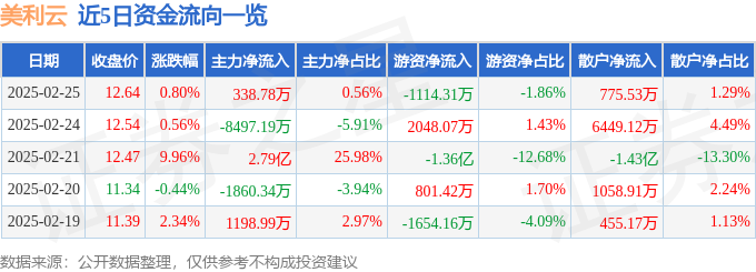 异动快报：美利云（000815）2月25日14点16分触及涨停板
